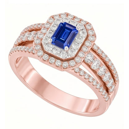 Natural Real ( Not Lab Grown )  Double Halo Blue Sapphire Gemstone Wedding Ring 3 Carats Rose Gold 14K