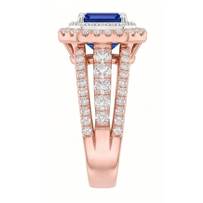 Natural Real ( Not Lab Grown )  Double Halo Blue Sapphire Gemstone Wedding Ring 3 Carats Rose Gold 14K