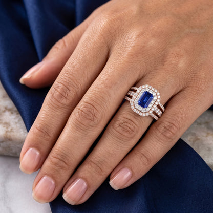Natural Real ( Not Lab Grown )  Double Halo Blue Sapphire Gemstone Wedding Ring 3 Carats Rose Gold 14K
