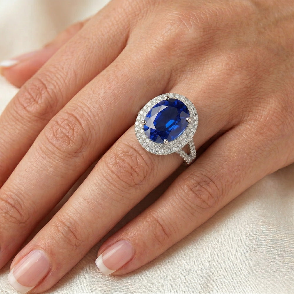 Natural Real ( Not Lab Grown )  Double Halo Ceylon Sapphire Engagement Ring 6.75 Carats Ladies Jewelry