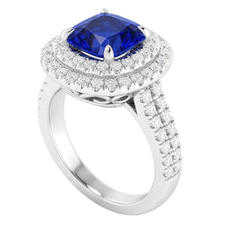 Natural Real ( Not Lab Grown )  Double Halo Cushion Blue Sapphire Ring Pave Split Shank 4.50 Carats