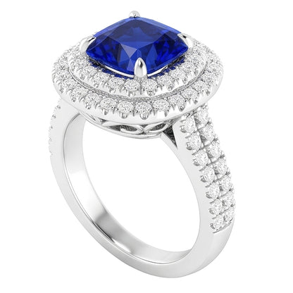 Natural Real ( Not Lab Grown )  Double Halo Cushion Blue Sapphire Ring Pave Split Shank 4.50 Carats