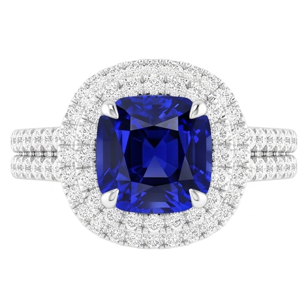 Natural Real ( Not Lab Grown )  Double Halo Cushion Blue Sapphire Ring Pave Split Shank 4.50 Carats