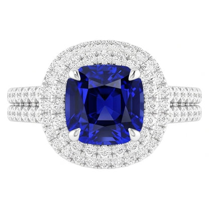 Natural Real ( Not Lab Grown )  Double Halo Cushion Blue Sapphire Ring Pave Split Shank 4.50 Carats