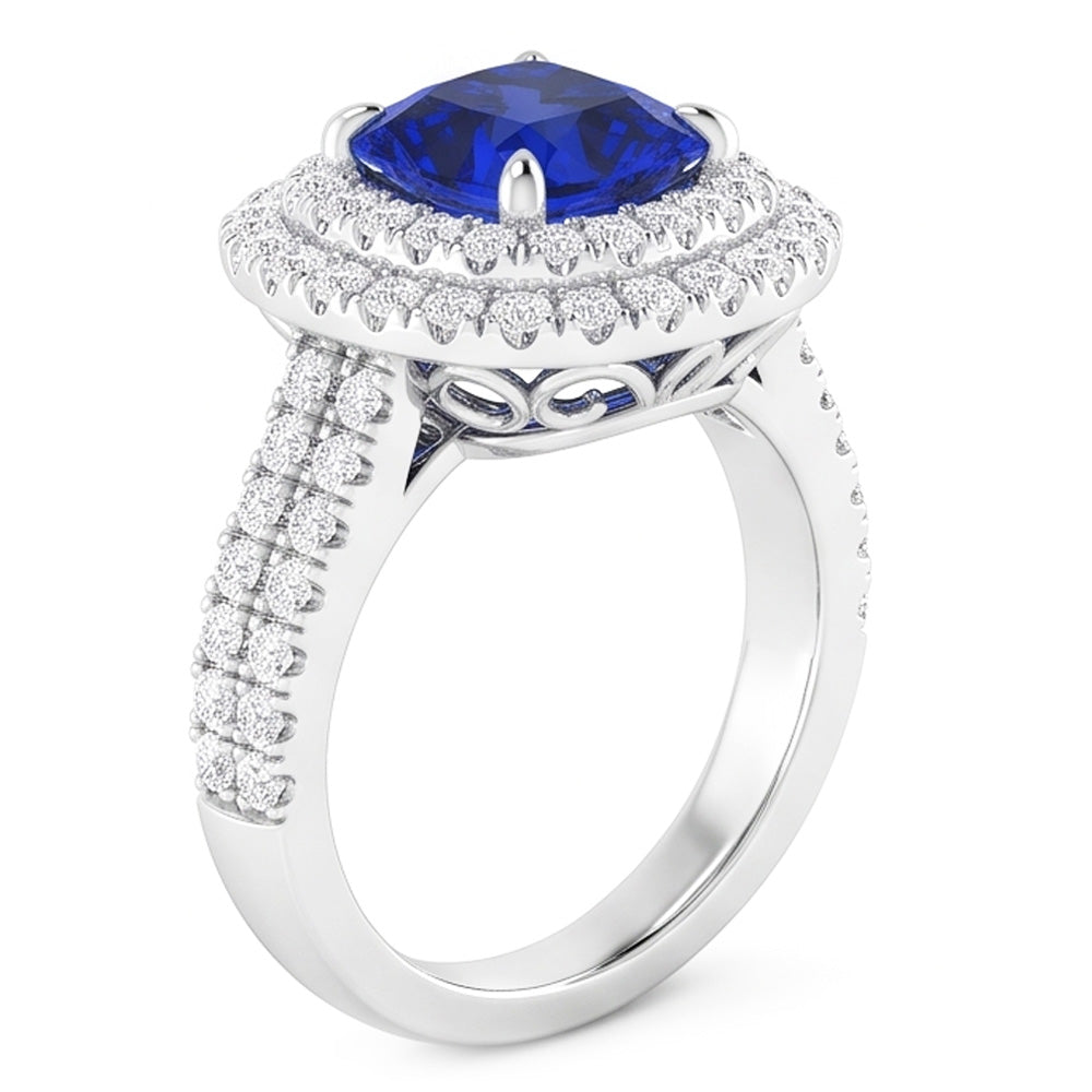 Natural Real ( Not Lab Grown )  Double Halo Cushion Blue Sapphire Ring Pave Split Shank 4.50 Carats