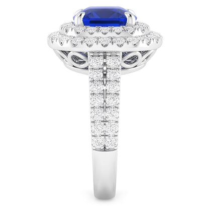 Natural Real ( Not Lab Grown )  Double Halo Cushion Blue Sapphire Ring Pave Split Shank 4.50 Carats