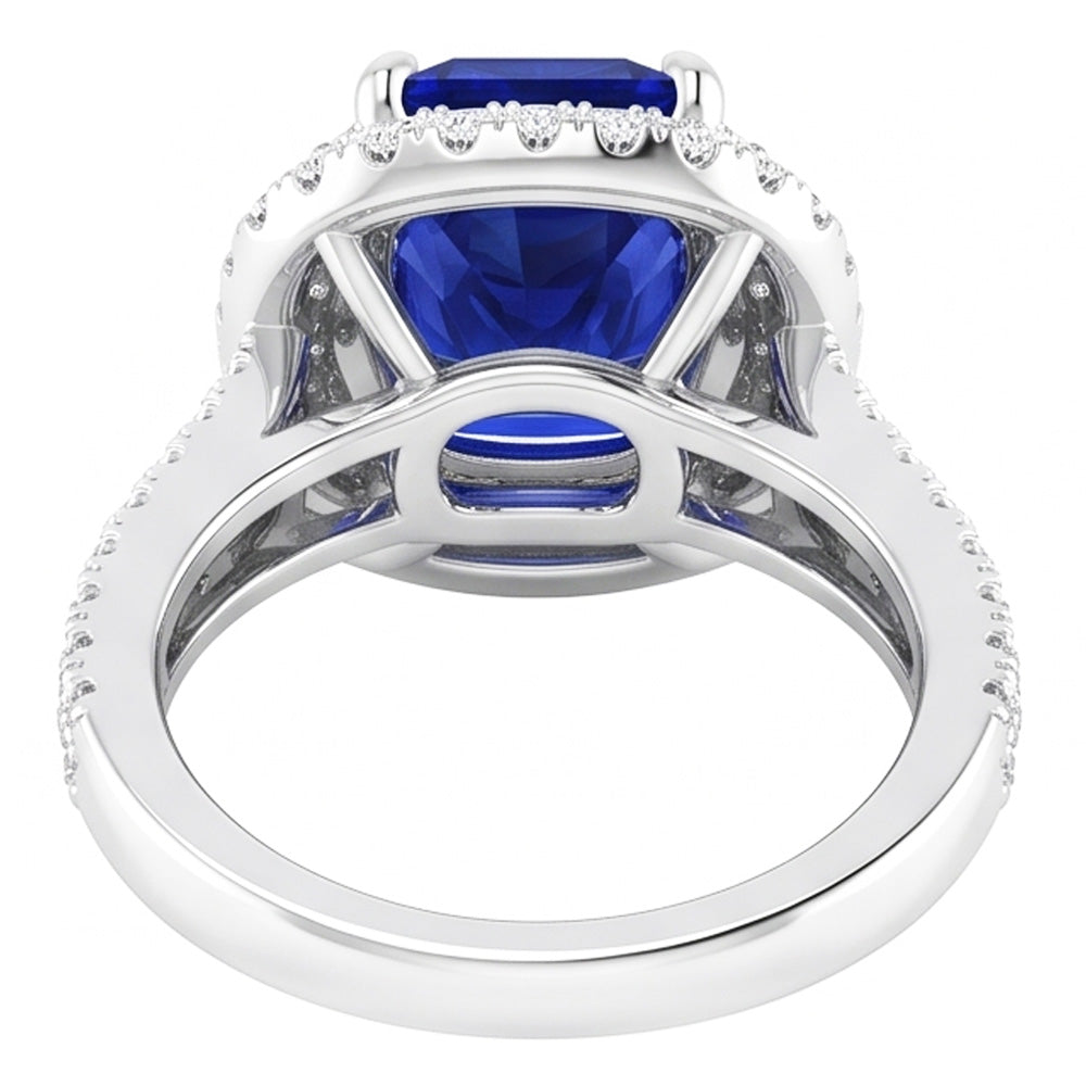 Natural Real ( Not Lab Grown )  Double Halo Cushion Blue Sapphire Ring Pave Split Shank 4.50 Carats