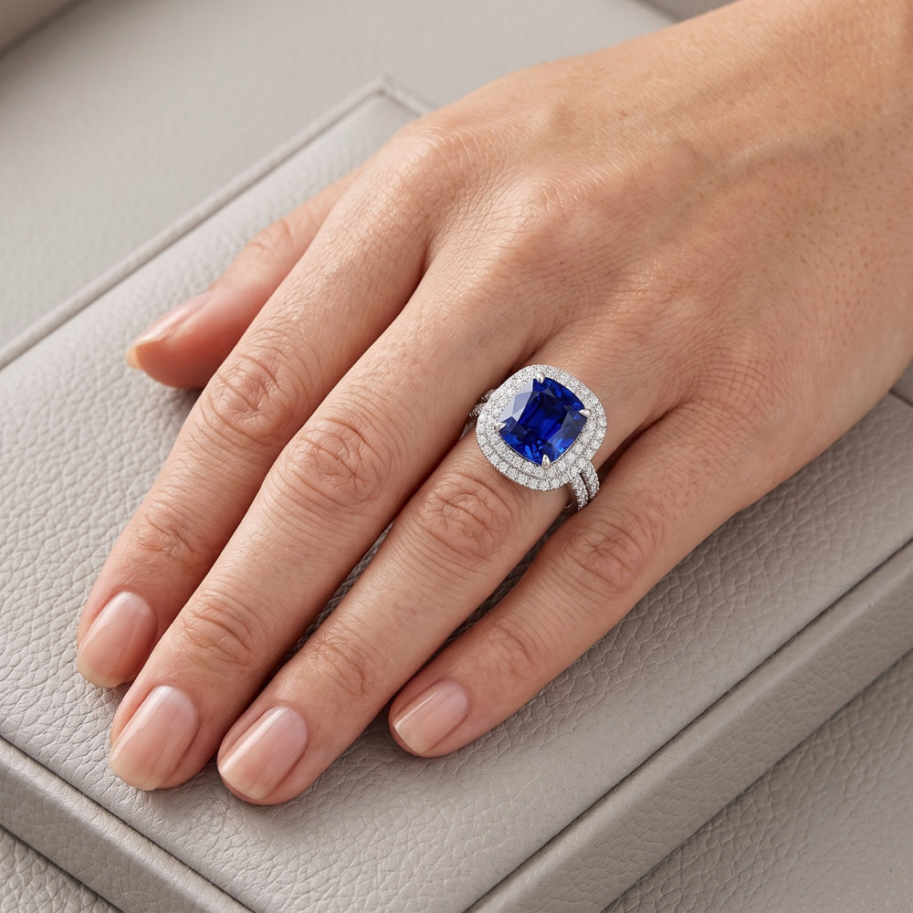 Natural Real ( Not Lab Grown )  Double Halo Cushion Blue Sapphire Ring Pave Split Shank 4.50 Carats