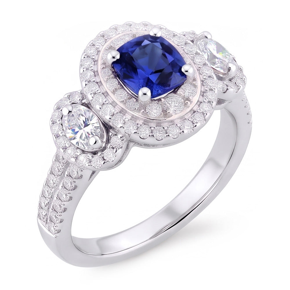 Natural Real ( Not Lab Grown )  Double Halo Cushion Sapphire Ring 3 Carats White Gold 14K