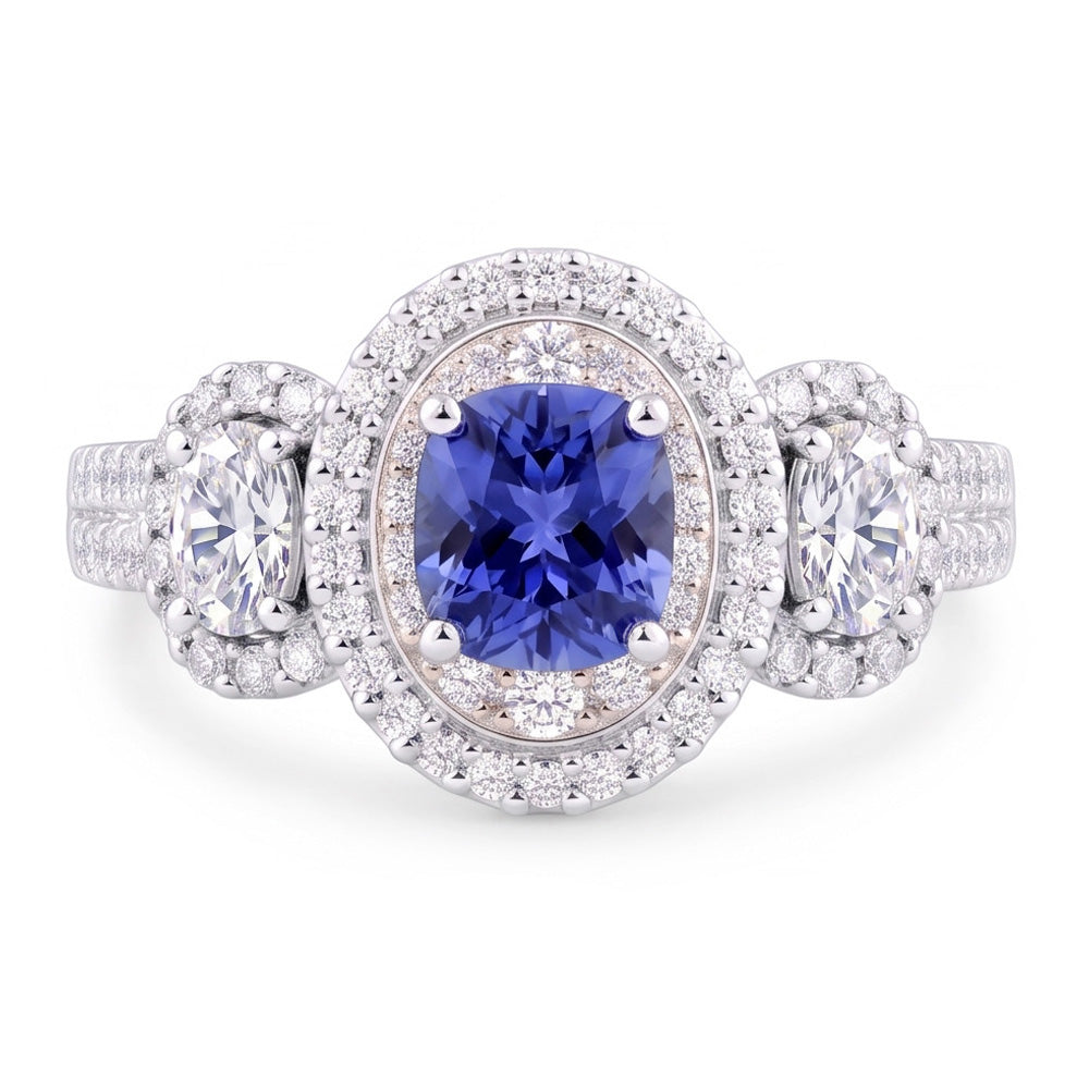 Natural Real ( Not Lab Grown )  Double Halo Cushion Sapphire Ring 3 Carats White Gold 14K