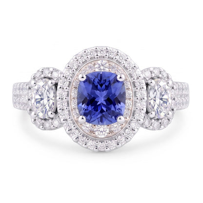 Natural Real ( Not Lab Grown )  Double Halo Cushion Sapphire Ring 3 Carats White Gold 14K