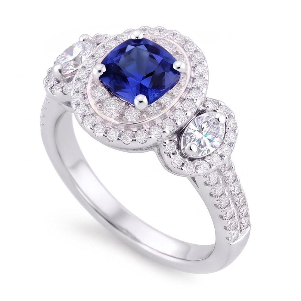 Natural Real ( Not Lab Grown )  Double Halo Cushion Sapphire Ring 3 Carats White Gold 14K