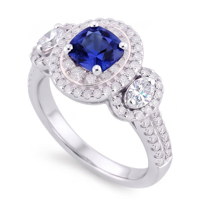 Natural Real ( Not Lab Grown )  Double Halo Cushion Sapphire Ring 3 Carats White Gold 14K