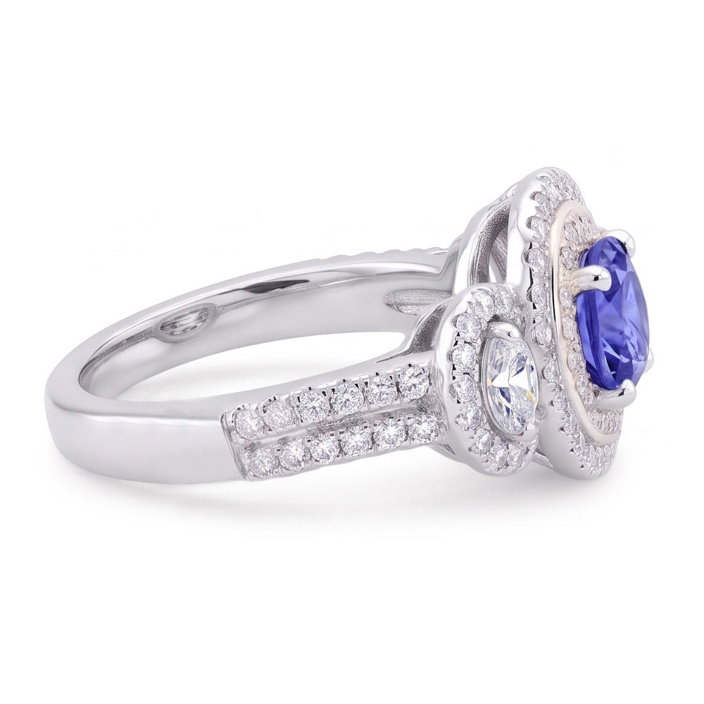 Natural Real ( Not Lab Grown )  Double Halo Cushion Sapphire Ring 3 Carats White Gold 14K