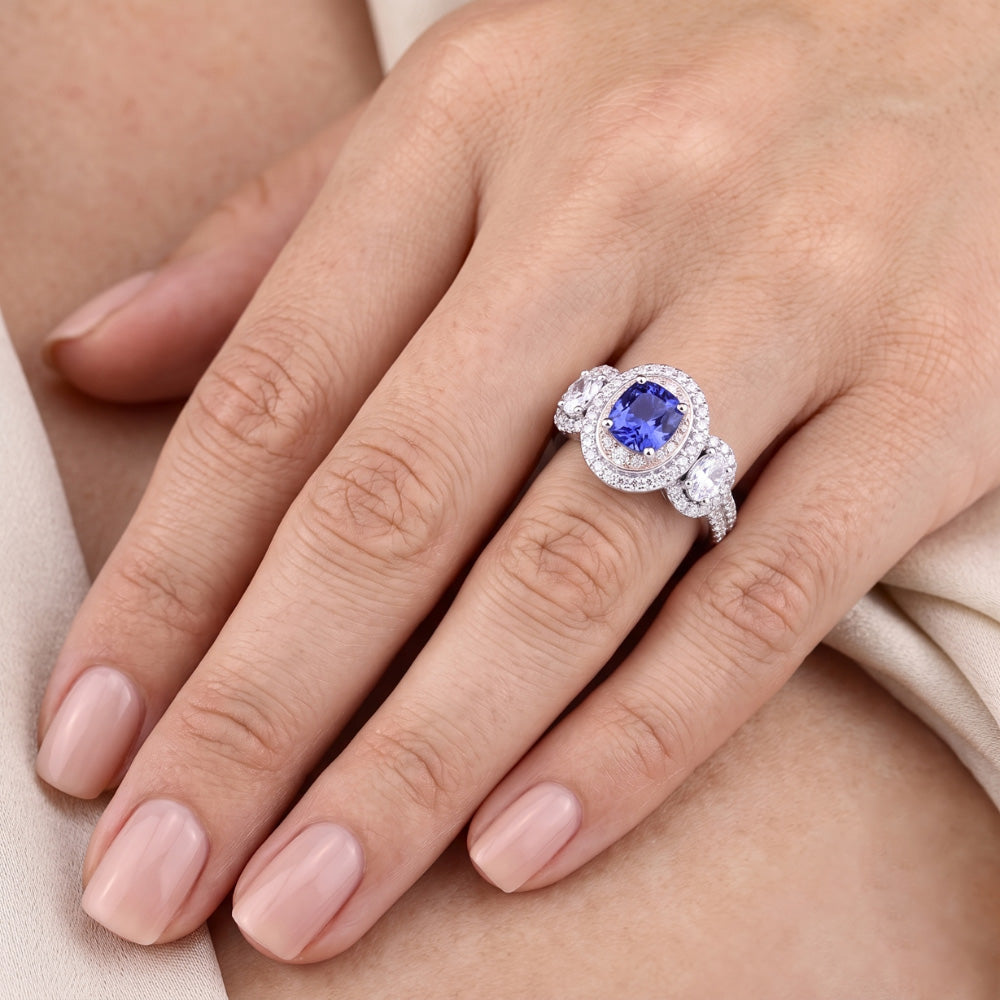 Natural Real ( Not Lab Grown )  Double Halo Cushion Sapphire Ring 3 Carats White Gold 14K