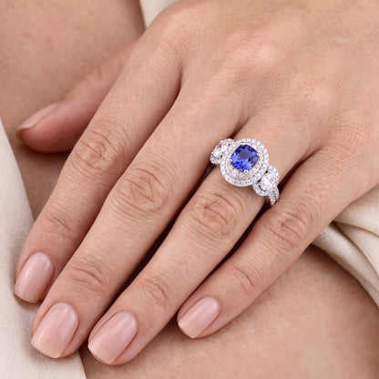 Natural Real ( Not Lab Grown )  Double Halo Cushion Sapphire Ring 3 Carats White Gold 14K
