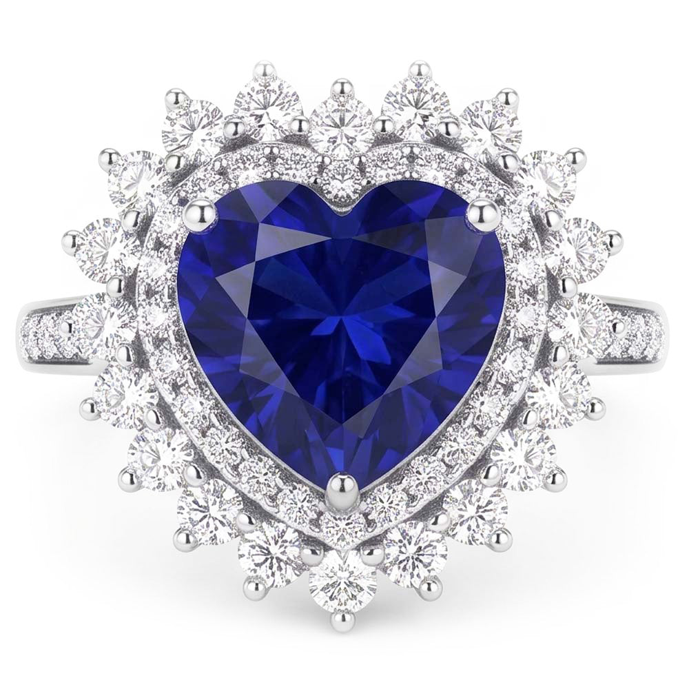 Natural Real ( Not Lab Grown )  Double Halo Heart Ceylon Sapphire Ring Flower Style 4 Carats