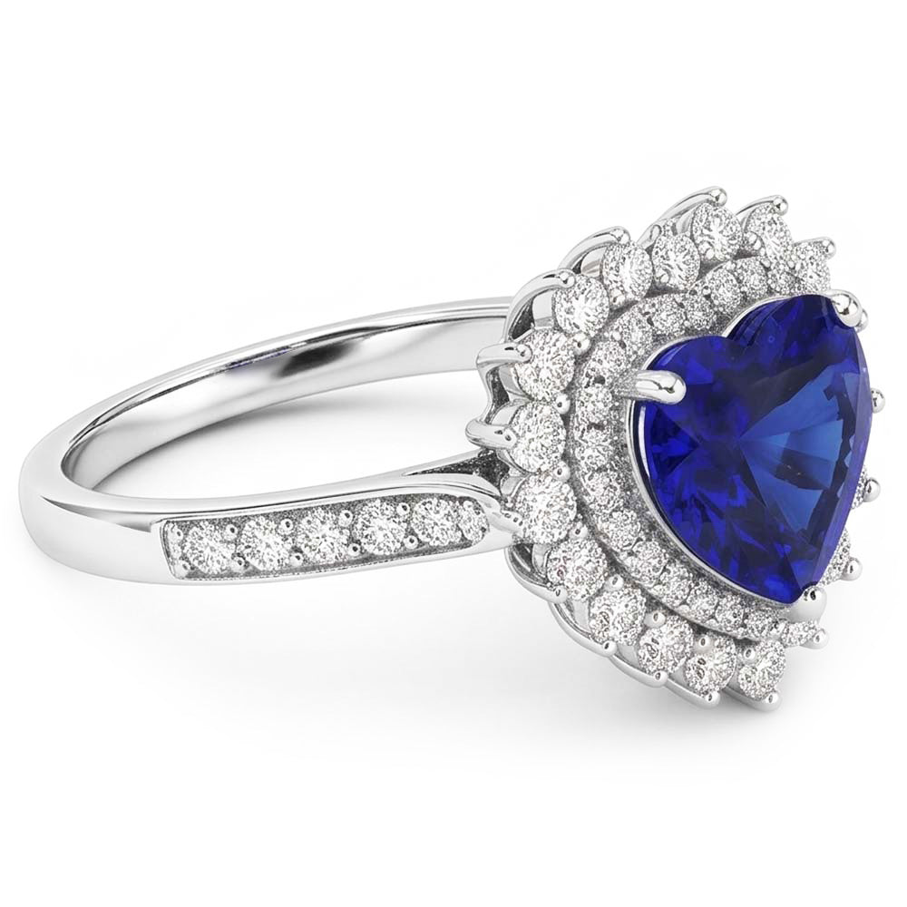 Natural Real ( Not Lab Grown )  Double Halo Heart Ceylon Sapphire Ring Flower Style 4 Carats
