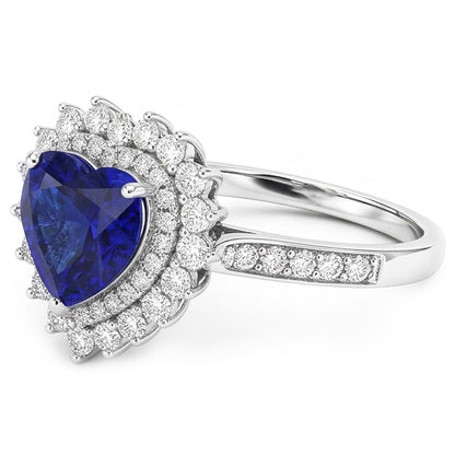 Natural Real ( Not Lab Grown )  Double Halo Heart Ceylon Sapphire Ring Flower Style 4 Carats