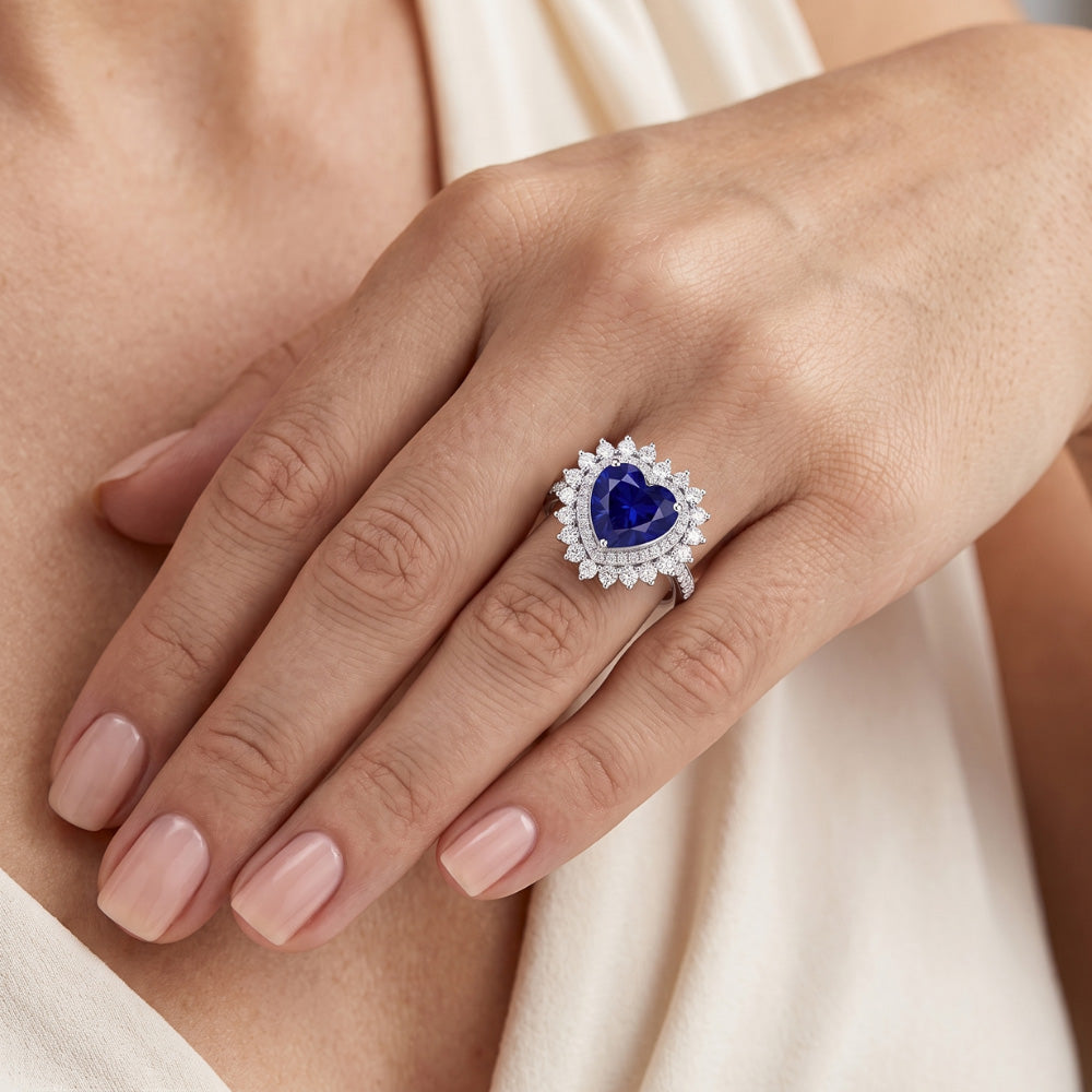 Natural Real ( Not Lab Grown )  Double Halo Heart Ceylon Sapphire Ring Flower Style 4 Carats