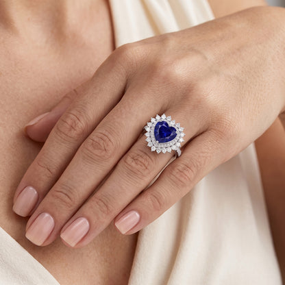 Natural Real ( Not Lab Grown )  Double Halo Heart Ceylon Sapphire Ring Flower Style 4 Carats