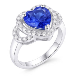 Natural Real ( Not Lab Grown )  Double Halo Heart Sri Lankan Sapphire Ring 3 Carats White Gold 14K