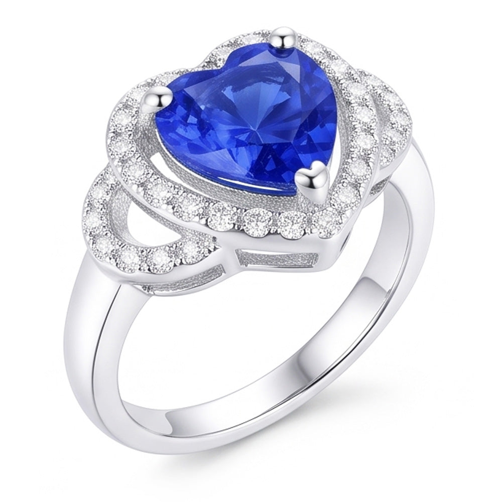 Natural Real ( Not Lab Grown )  Double Halo Heart Sri Lankan Sapphire Ring 3 Carats White Gold 14K