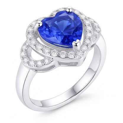 Natural Real ( Not Lab Grown )  Double Halo Heart Sri Lankan Sapphire Ring 3 Carats White Gold 14K