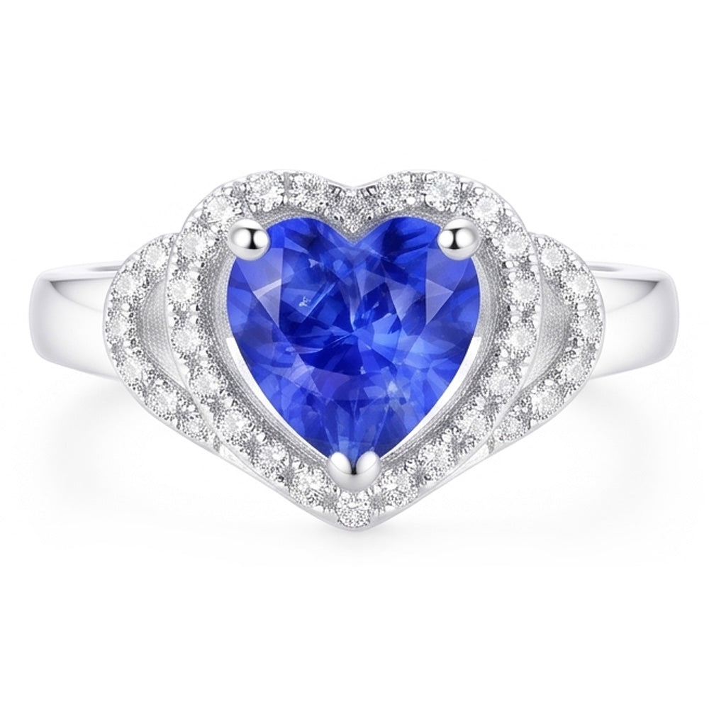 Natural Real ( Not Lab Grown )  Double Halo Heart Sri Lankan Sapphire Ring 3 Carats White Gold 14K