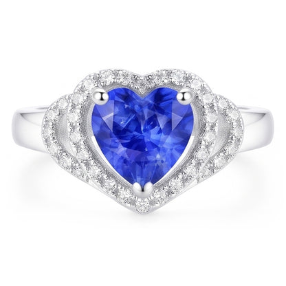 Natural Real ( Not Lab Grown )  Double Halo Heart Sri Lankan Sapphire Ring 3 Carats White Gold 14K