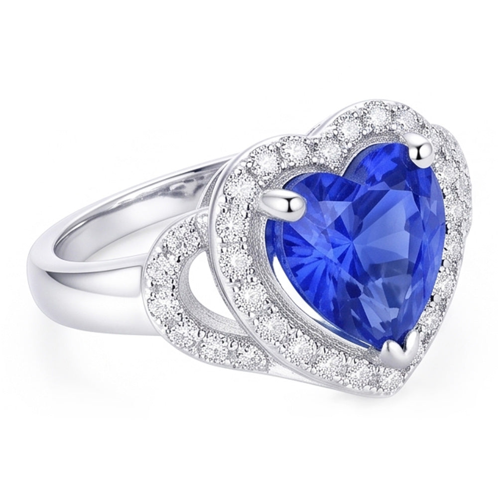 Natural Real ( Not Lab Grown )  Double Halo Heart Sri Lankan Sapphire Ring 3 Carats White Gold 14K