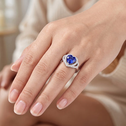Natural Real ( Not Lab Grown )  Double Halo Heart Sri Lankan Sapphire Ring 3 Carats White Gold 14K