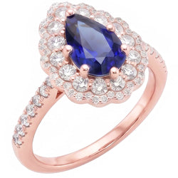 Natural Real ( Not Lab Grown )  Double Halo Ring Rose Gold Flower Style Pear Ceylon Sapphire 4 Carats