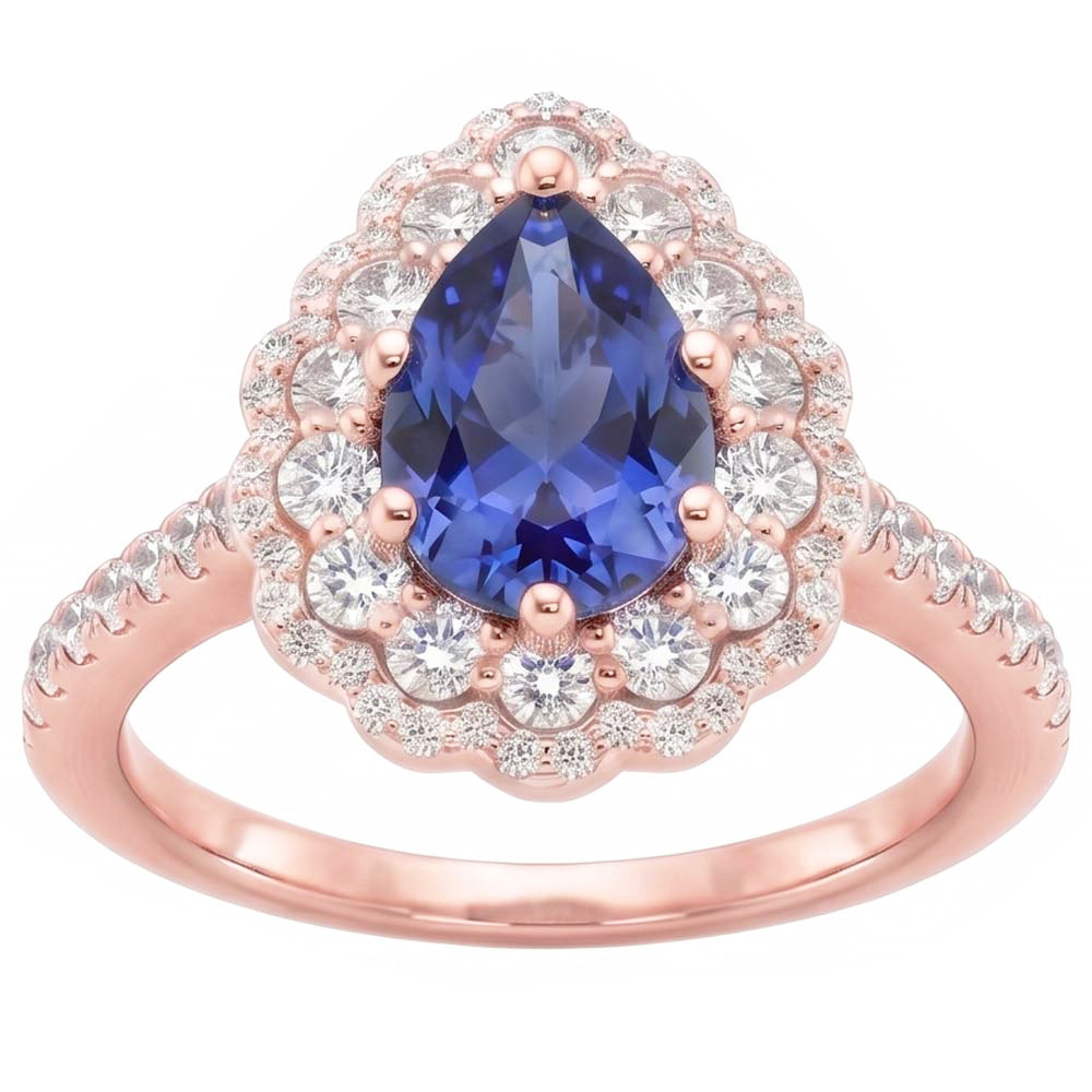 Natural Real ( Not Lab Grown )  Double Halo Ring Rose Gold Flower Style Pear Ceylon Sapphire 4 Carats