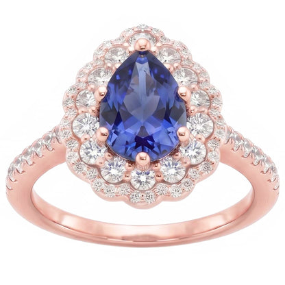 Natural Real ( Not Lab Grown )  Double Halo Ring Rose Gold Flower Style Pear Ceylon Sapphire 4 Carats
