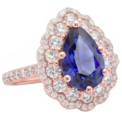Natural Real ( Not Lab Grown )  Double Halo Ring Rose Gold Flower Style Pear Ceylon Sapphire 4 Carats