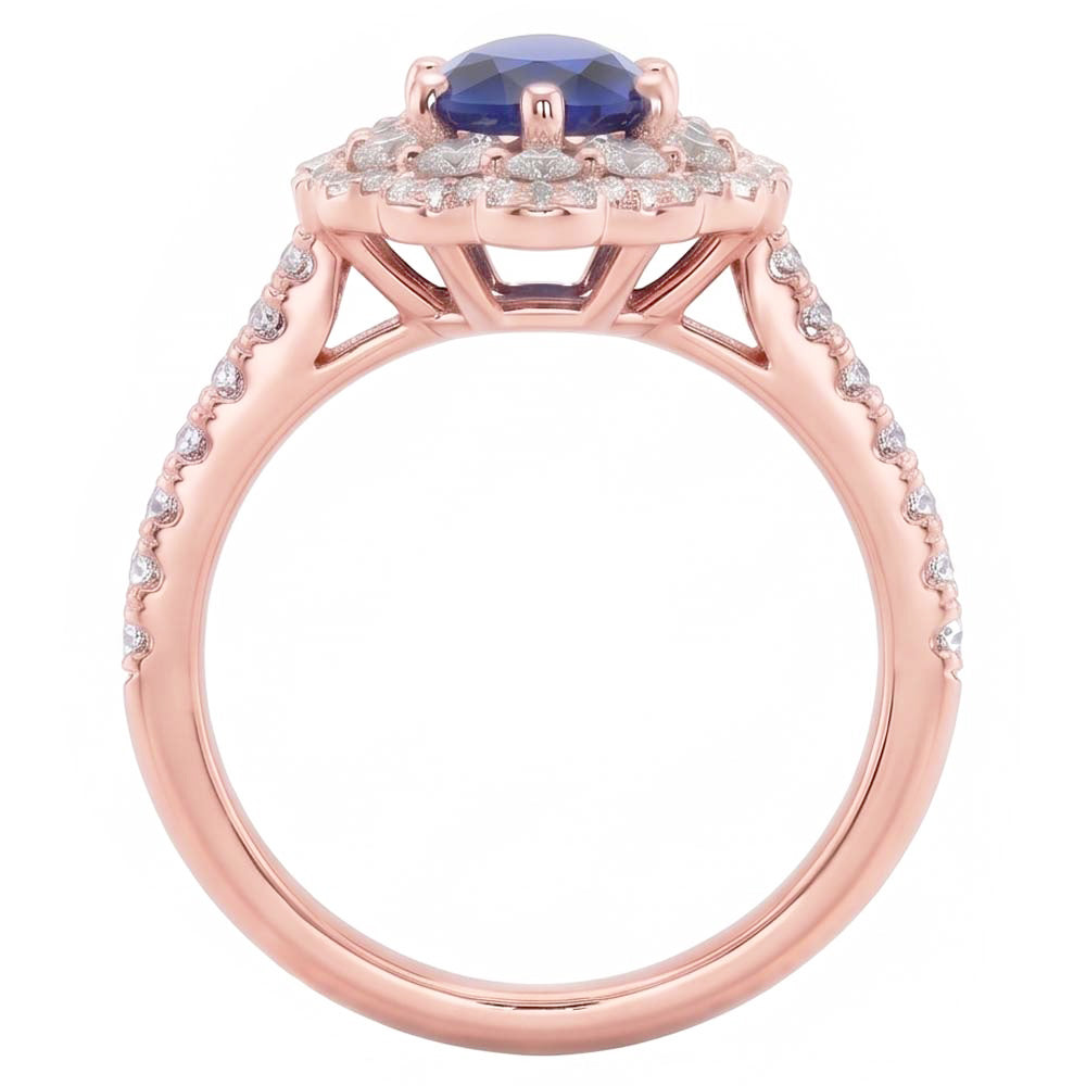 Natural Real ( Not Lab Grown )  Double Halo Ring Rose Gold Flower Style Pear Ceylon Sapphire 4 Carats