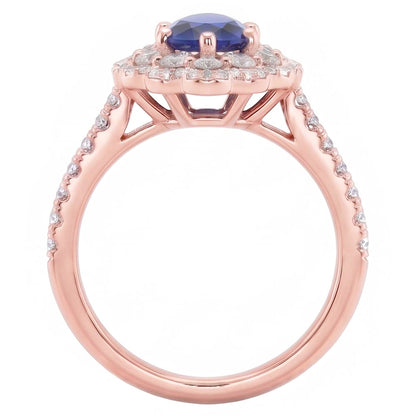 Natural Real ( Not Lab Grown )  Double Halo Ring Rose Gold Flower Style Pear Ceylon Sapphire 4 Carats
