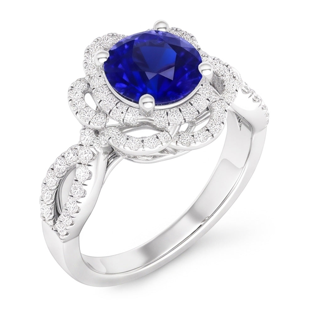 Natural Real ( Not Lab Grown )  Double Halo Round Blue Sapphire Ring Flower Style 5 Carats Split Shank