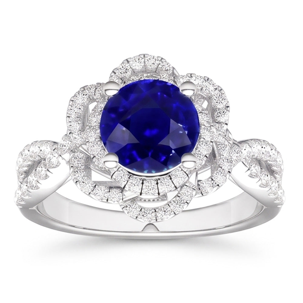Natural Real ( Not Lab Grown )  Double Halo Round Blue Sapphire Ring Flower Style 5 Carats Split Shank