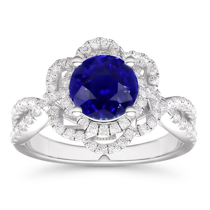Natural Real ( Not Lab Grown )  Double Halo Round Blue Sapphire Ring Flower Style 5 Carats Split Shank