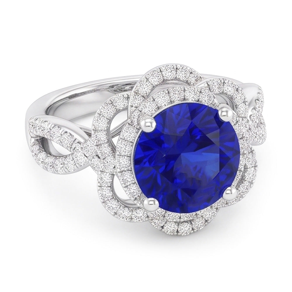 Natural Real ( Not Lab Grown )  Double Halo Round Blue Sapphire Ring Flower Style 5 Carats Split Shank