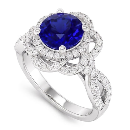 Natural Real ( Not Lab Grown )  Double Halo Round Blue Sapphire Ring Flower Style 5 Carats Split Shank