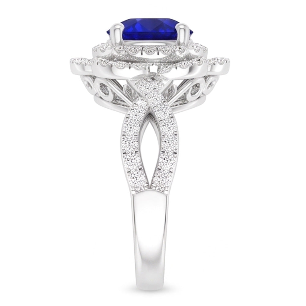 Natural Real ( Not Lab Grown )  Double Halo Round Blue Sapphire Ring Flower Style 5 Carats Split Shank