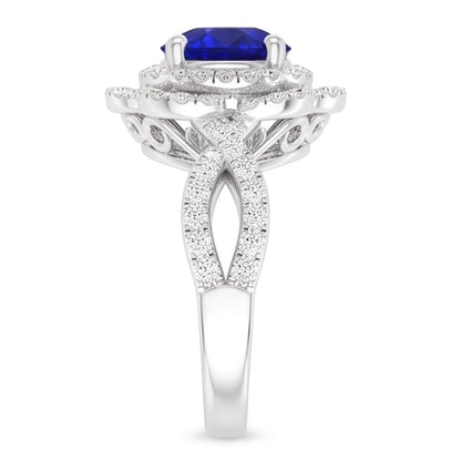 Natural Real ( Not Lab Grown )  Double Halo Round Blue Sapphire Ring Flower Style 5 Carats Split Shank