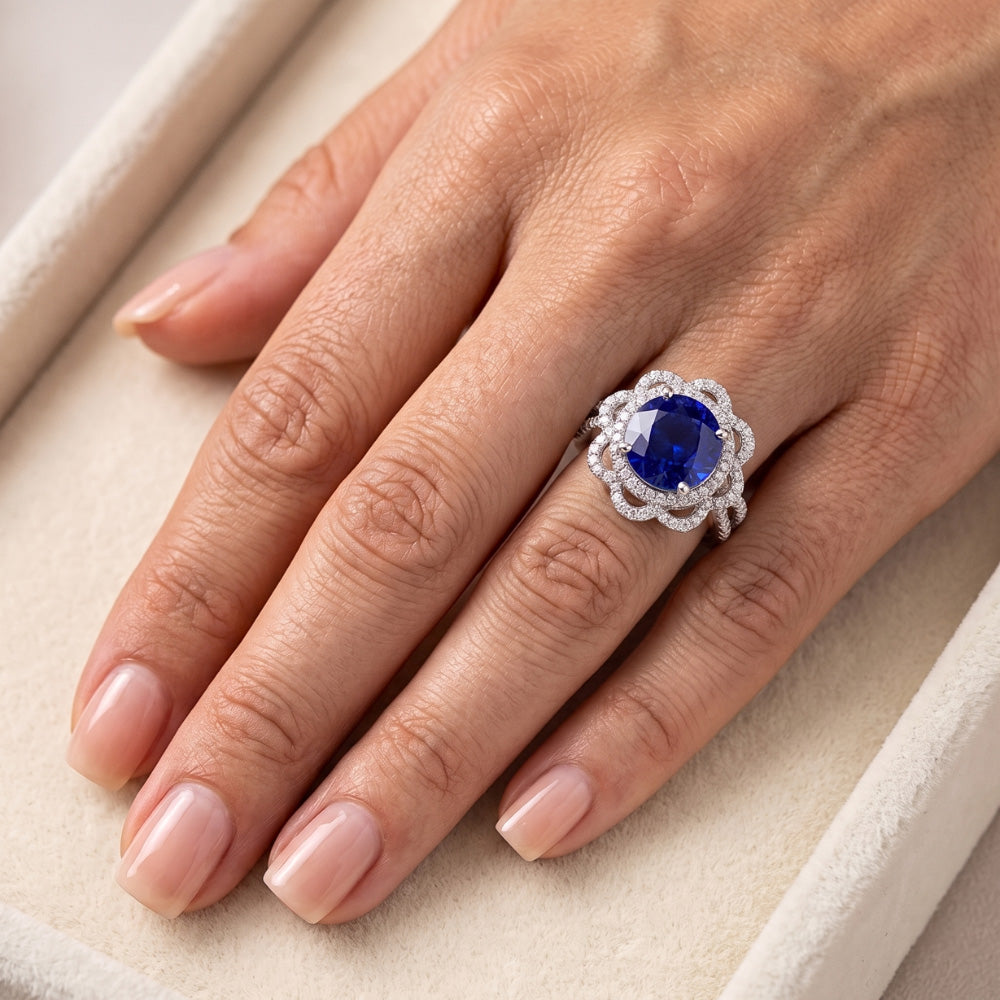 Natural Real ( Not Lab Grown )  Double Halo Round Blue Sapphire Ring Flower Style 5 Carats Split Shank
