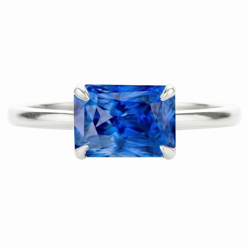 Natural Real ( Not Lab Grown )  Eagle Claw Prongs Radiant Solitaire Ring Light Blue Sapphire Gold 14K
