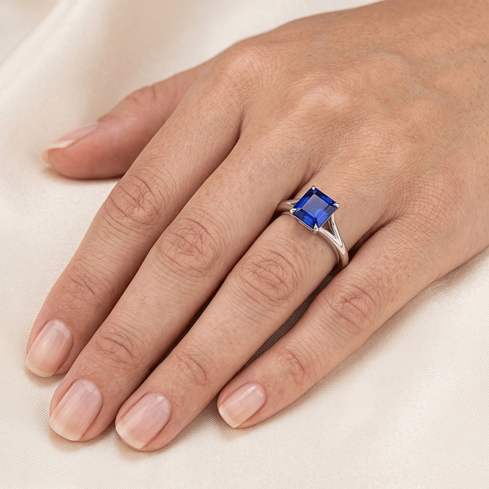 Natural Real ( Not Lab Grown )  Eagle Claws Solitaire Asscher Cut Ring Split Shank Blue Sapphire 1.50 Carats