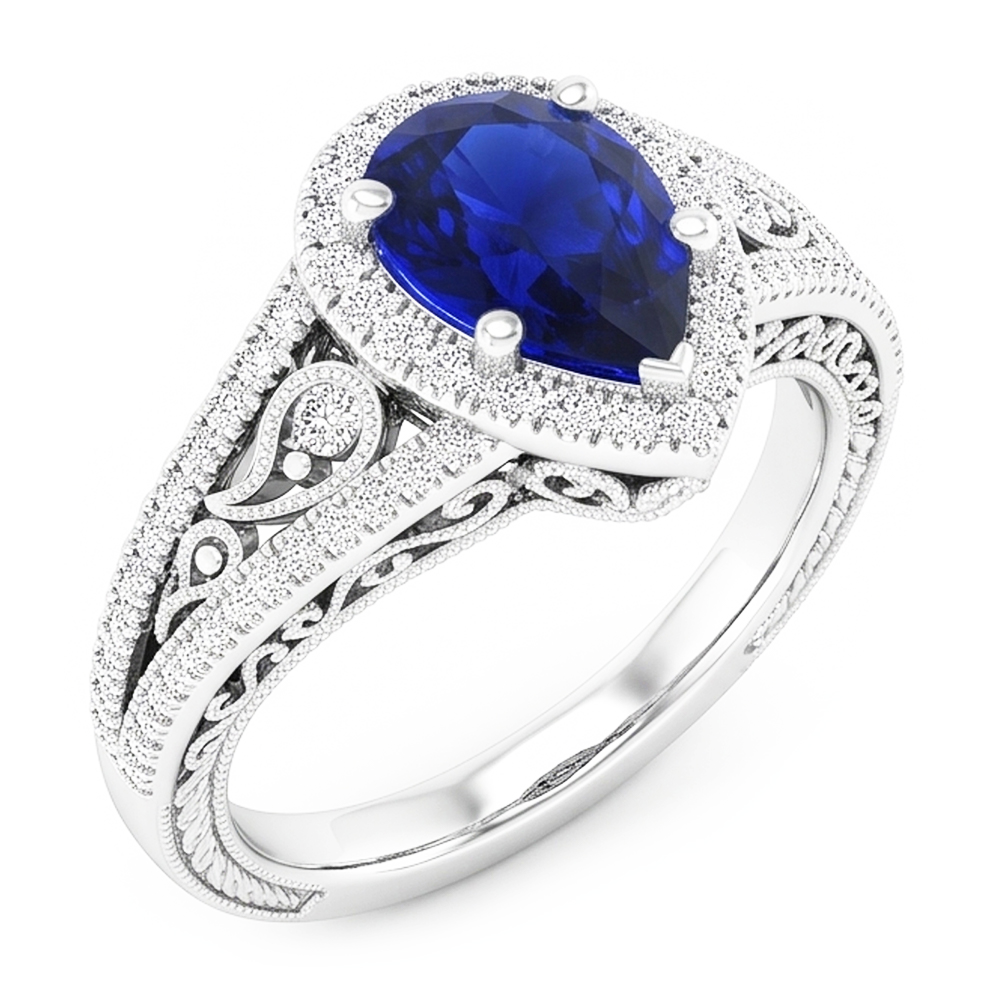 Natural Real ( Not Lab Grown )  Elegant Pear Sapphire Diamond Ring 3 Ct Antique Style