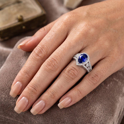 Natural Real ( Not Lab Grown )  Elegant Pear Sapphire Diamond Ring 3 Ct Antique Style